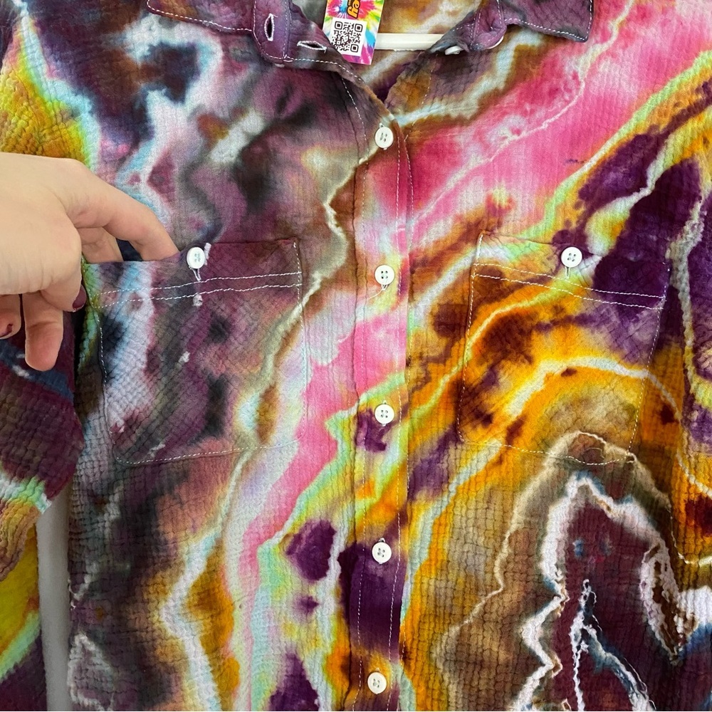 Handmade Geode Tie Dye Button Down Shirt Womens Small Colorful Cotton Crepe Pink - Picture 4 of 13